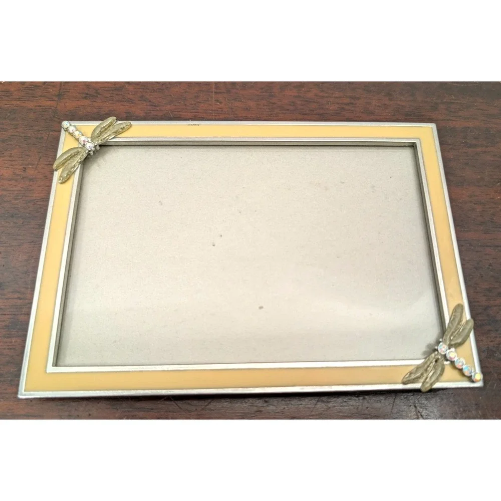 Elsa L 1999 Dragonfly Jeweled Enamel Picture Frame Yellow Silver Tone 4x6